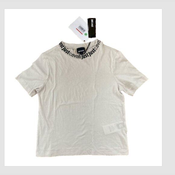 Just Cavalli Ladies Stone Col Cotton Crop T-Shirt with print on neck rib NEW - Picture 1 of 7